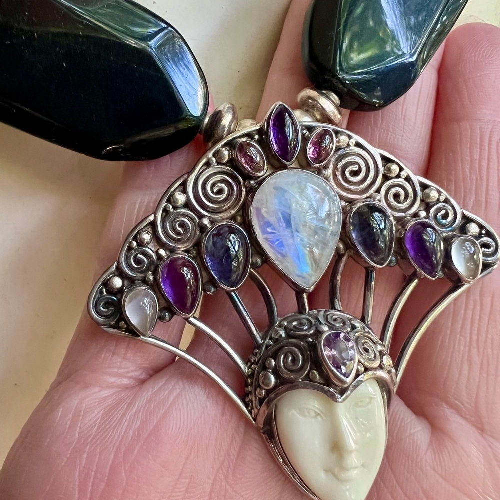 Ornate Goddess Real Silver Amethyst and Moonstone Bib Necklace - Picture 2 of 9